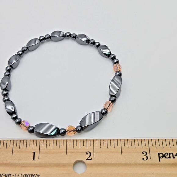 Hematite Beaded‎ Handmade Stretch Bracelet with Pink Glass Bead Accents - Picture 4 of 4
